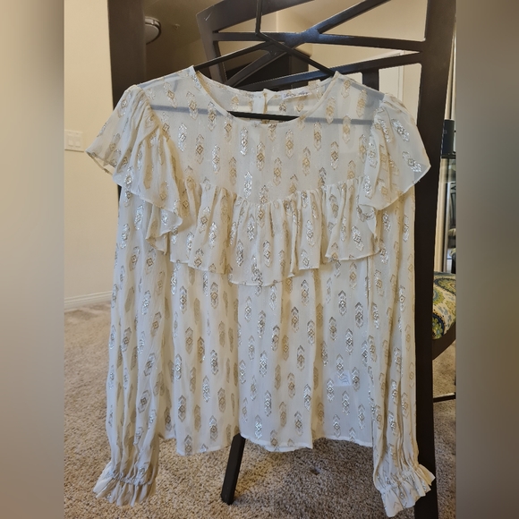 LoveShackFancy Erin Cream & Gold Ruffle Blouse Size Small - Picture 2 of 5